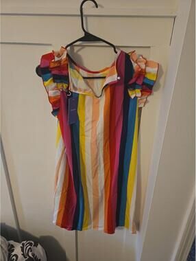 NWT Floerns Women's Colorful Vertical Striped Ruffle Sleeve Mini Dress Size L